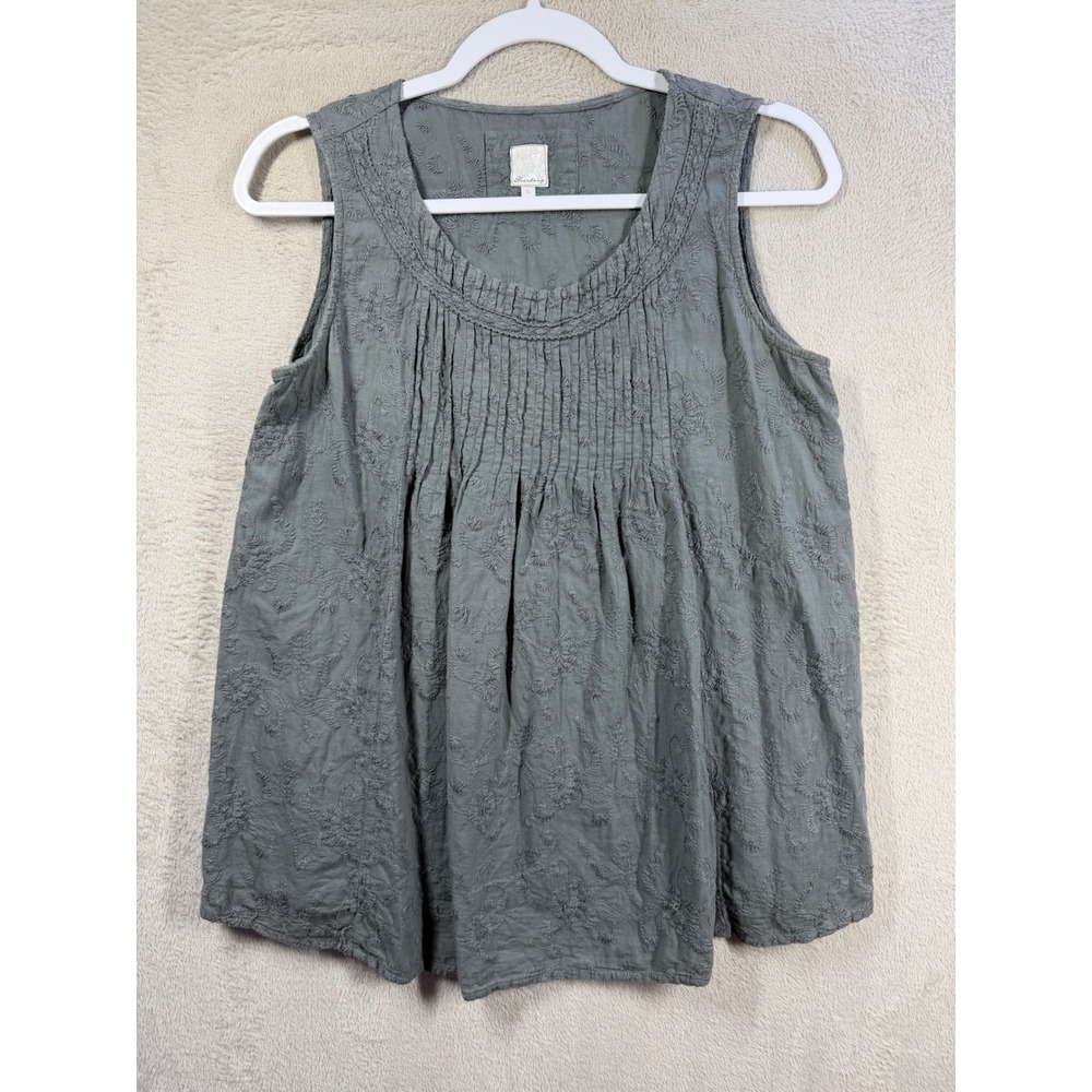 Deerberg Embroidered Tank Top Womens S Green Lagenlook Boho Cotton Shell